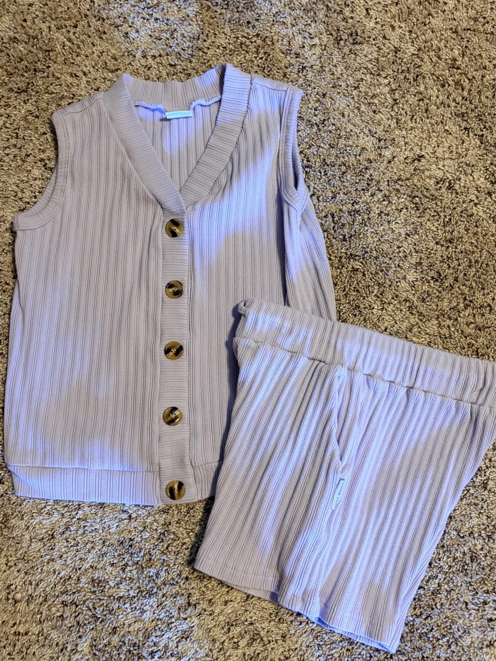 Girls’ Little Wedgies Ribbed Button Vest & Elastic Shorts Set in Light Lavender